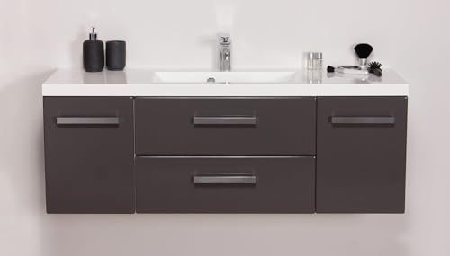 Quentis Badmöbel Genua Breite 120 cm, Waschbecken und Unterschrank, Waschtischunterbau montiert (dunkelgrau glänzend)