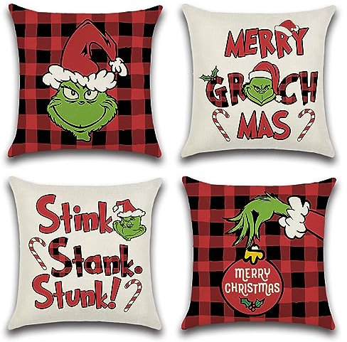Ohok 4er Set Dekorativ Weihnachten Kissenbezug 45x45 cm, Polyester Leinen Zierkissenbezüge Kissenbezüge Dekor Kissenhülle Set für Wohnzimmer Schlafzimmer Sofa Couch Auto (G Weihnachtsball)