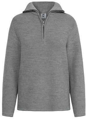 HANSEHELD Damen Troyer Schurwolle Grau Meliert 38 | Pullover | 100% Schurwolle | Strickpullover für Frauen | Troyerkragen | Reißverschluss | Wollpullover | Made in Germany