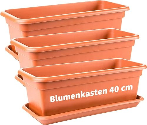 SUSTANIA 2friends Blumenkasten 40cm mit Untersetzer â€“ 3er-Set Balkonkästen, Terracotta, Hochwertiger Kunststoff, Made in EU