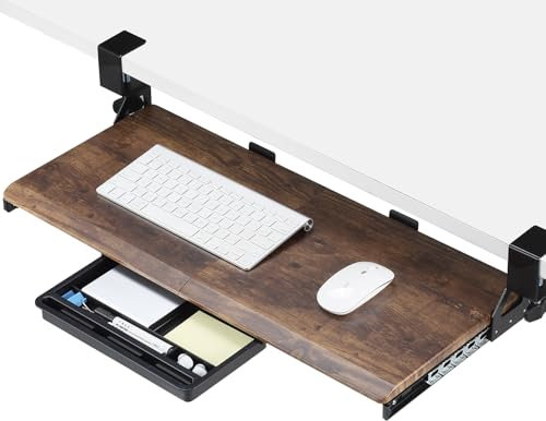 ETHU Keyboard Tray, 26.77 X 11.81 Large Size Keyboard Tray Under Desk,with C Clamp-on Mount Easy to Install, Computer Keyboard Stand, Ergonomic Keyboard Tray for Home and Office(Walnut)
