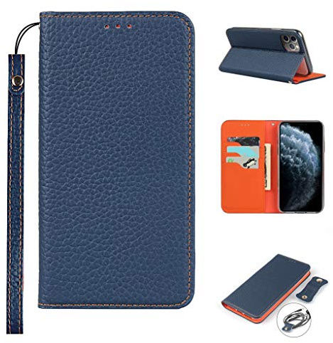 Cavor Phone Case Compatible for iPhone 11 Pro Max Cover,Genuine Leather Flip Wallet Case,[3 Card Holders][Magnetic Closure][RFID-Blocking][Lanyard] Protective Case - Dark Blue