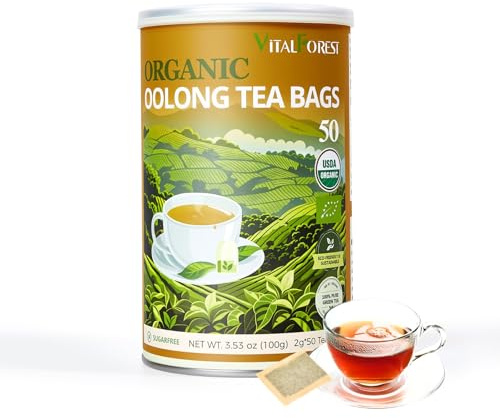 Organic Oolong Tea Bags, 50 Count, Unbleached Chinese Oolong Tea Bags, VitalForest High Mountain Tea Tie Guan Yin, Non-GMO, Container Pack for Gift Set