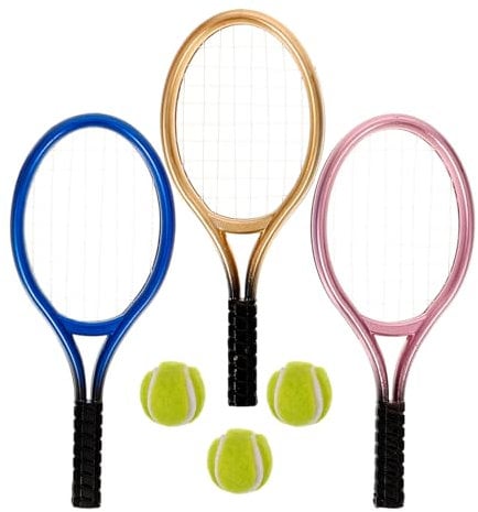Toyvian 3 Sets Miniature Tennis and Racket Ornament Dollhouse Decor, Mini Tennis Balls Cake Decorations Mini Stuff for Diying Tennis Racket Keychains or Sports Souvenir