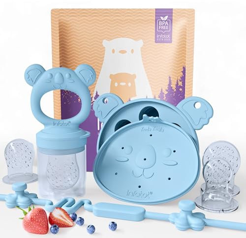 Infatot® Baby Fruit Feeder & Freezer Tray Set, Silicone Teether Pacifier with Clip, Weaning Teething Toy, Infant Self Feeding Aid, BPA-Free Baby Essentials for Introducing Solids - Blue