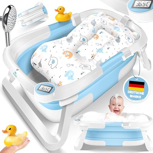 KIDIZ® Bañera para bebé, ahorra espacio y plegable, para recién nacidos, niños pequeños de 0 a 24 meses, ducha de viaje portátil para bebés, con termostato y cojín