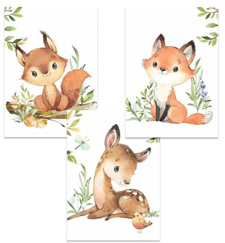 3 Bilder Babyzimmer Dschungel Poster Tiere Wald Kinderzimmer Bilder Kinder Mädchen Fuchs Eichhörnchen Hirsch Wandbilder Beige Braun Dekoration 30 x 40 cm Leinwand Waldtiere Schlafzimmer Baby Geschenk
