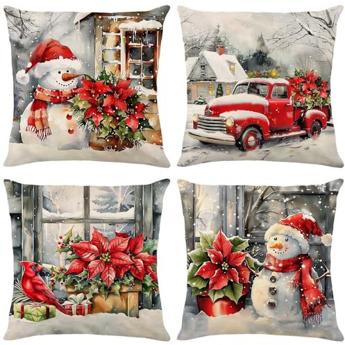 ZJILIXIA 4 Stück Weihnachten Kissenbezüg 40x40 cm,Weihnachtsdeko Kissenbezug,Dekokissen,Leinen Kissenhülle Weihnachten,Weihnachtsdeko Für Wohnzimmer Schlafzimmer Sofa Decorations (Rot-2)