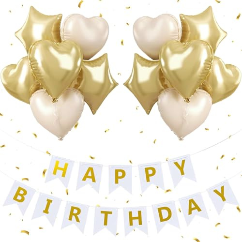 Anlgdi Gold Luftballons Geburtstag Dekoration Set, Happy Birthday Folienballons Banner Dekorationen Mit Herz Stern, Helium Ballon für Jungen Mädchen Frauen Männer Geburtstag Party Dekoration
