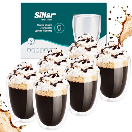 Sillar Bicchieri a Doppia Parete 350ml Tazze Caffe Vetro, Set di 8 Tazzine | Bicchieri Termici a Doppia Parete in Vetro Borosilicato Resistente al Calore | Tazzine Caffe per Tè Caffè Cappuccino