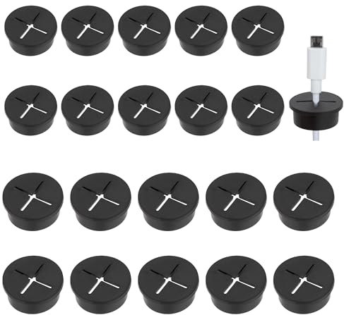 Arandela para Cable Silicona Flexible Pasacables Orificio para Cable Cubierta Pasacables de Mesa para Oficina en Casa Escritorio de Computadora 20 mm y 25 mm, 20 Piezas en Total, Negro