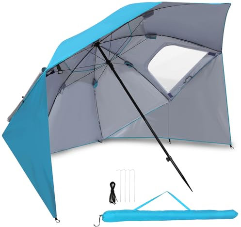 Fiqops Sonnenschirm Strandmuschel 2 in 1 Ampelschirm für Strand Garten, UV50+ Sonnenschutz für 2-4 Personen, faltbar multifunktional, mit Fenster und Tragetasche Ø210x220cm, Hellblau