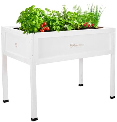 Greenspot - Hochbeet Balkon - Frühbeetkasten, Kräuterbeet Balkon & Terrasse - 110x55x80cm - aus Holz, hohe Beine, Frühbeetkasten, Blumentopf mit Füßen - Vintage Weiß