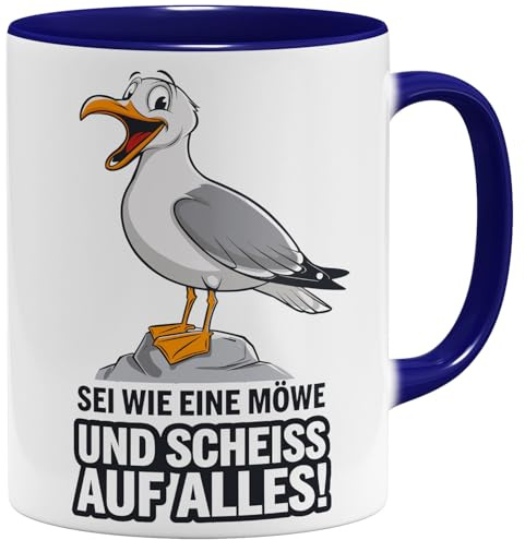 OM3® witzige Kaffee-Tasse mit Spruch - sei wie eine Möwe und scheiss auf alles - Maritim Küstenliebe Küste Meer - Keramik Becher - 325ml - Beidseitig Bedruckt - Dunkelblau
