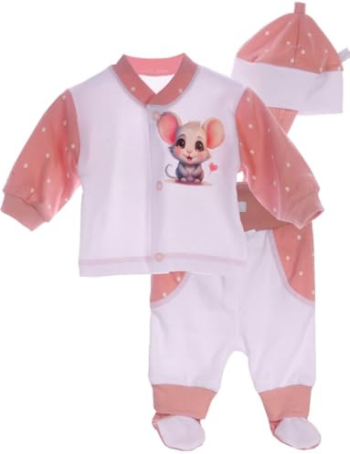 La Bortini Baby Anzug 3-teilig Langarmshirt Schlupfhose Mütze Set Maus Motiv Hemdchen Unisex Neugeborene Mädchen Babykleidung Baumwolle Geschenk Geburt Babymode Erstlingsausstattung Babyset bequem