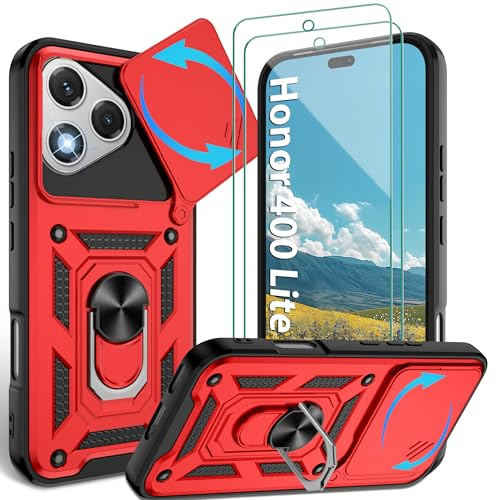 Jshru for Honor 400 Lite Case with Screen Protector,Built-in Camera Protection Cover and Ring Kickstand,Military Grade Shockproof Case for Honor 400 Lite,Red