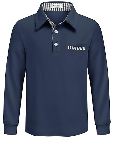 Arshiner Boys Cotton Blend Polo Shirt Long Sleeve Plaid Trim Pocket | Soft stretch cotton blend with plaid collar trim and chest pocket ideal as a school uniform shirt or smart casual polo top