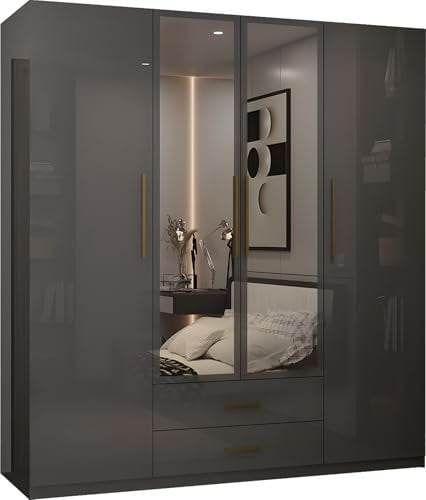 FURNITUREWAVE Verona High Gloss 4 Door Hinged Wardrobe with Mirrors, Shelves, Hanging Rail and Drawers | White, Black & Grey (Grey, 160cm)