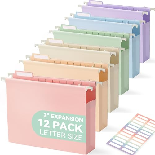 SortRax Plastic Extra Capacity Hanging File Folders, 2 Pastel Expanding Pocket, Heavy Duty for Filing Cabinet, Insertable 1/5-Cut Tabs, Letter Size - 12 Pack