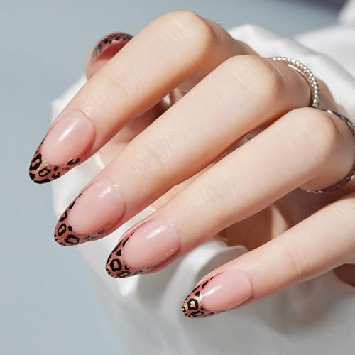 Press On Nails Short - Findigit French Tip Almond Press On Nails with Glue for Women, Soft Gel Glue On Nails in 16 Sizes - 32 Stick On Fake Nails Kit, Cheetah Lady