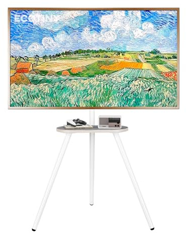 Soporte de TV Tipo Caballete de trípode para Pantallas de 43 a 65 Pulgadas | Soporte de pie de altura ajustable con bandeja de madera, Soporta hasta 35kg, Ideal para dormitorio y sala de estar, Blanco