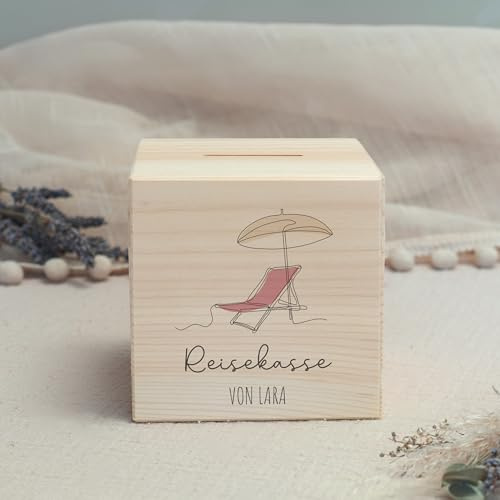 hellomini Personalisierte Spardose aus Holz mit Namen – Gravierte Reisekasse für kleine & große Abenteuer – Geschenkidee mit Wunschtext für Urlaubsträume -Reisekasse Strand