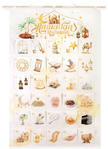 HOWAF Ramadan Kalender zum Befüllen 2026, Ramadan Adventskalender als Wandkalender aus Stoff, Wiederverwendbar Ramazan Kalender zum Aufhängen Stoffbeutel Eid Mubarak Ramadan Mubarak Deko, Set E
