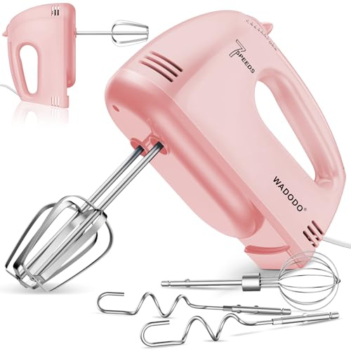 WADODO Electric Hand Mixer, 7-Speeds Small Handheld Mixer with 5 * 304 Stainless Steel Whisk, Beaters, Dough Hooks Attachment, Portable Food KitchenMixer for Baking Cake Cookies Cream, Pink