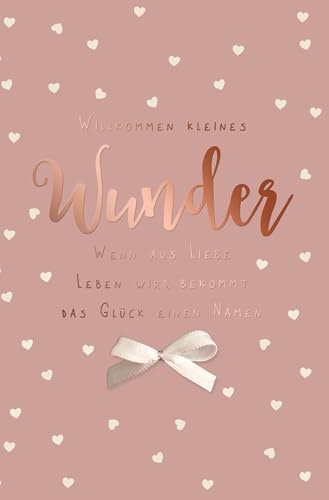 Skorpion PremiumLine Glückwunschkarte zur Geburt Mädchen mit echter weißer Schleife & roségoldener Folienprägung – Willkommen kleines Wunder – inkl. Umschlag – 11,5 x 17 cm