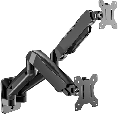 WALI Dual Monitor Wall Mount for Screen up to 32 Inch and 10 kg, Fully Adjustable Double Gas Spring Monitor Arm with Tilt Swivel Rotate, Arm Max Extension 49 cm, VESA 75 & 100mm (GSWM002), Black