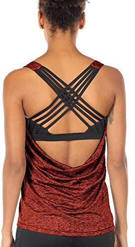 icyzone Damen Sport Tops mit Integriertem BH - 2 in 1 Yoga Gym Shirt Fitness Training Tanktop (L, Burnt Ochre)