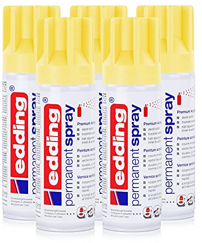 edding Permanent Spray Premium-Acryllack pastellgelb 200ml – seidenmatt – Sprühlack deckt sofort, trocknet extrem schnell und hält dauerhaft innen & außen, für Glas, Metall, Holz uvm. (5er Pack)