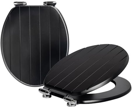 Harbour Housewares Soft Close Toilet Seats - Black - Pack of 2 - Oval-Shaped Wooden Toilet Seat Antibacterial Loo Lid with Universal Chrome Hinges, Fixings & Fittings