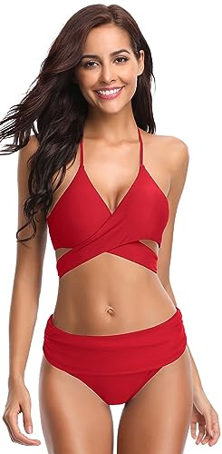 SHEKINI Damen Geteilter Push Up Bikini Set - Neckholder Oberteil Mit High Waist Bottom - Dunkle Farbe Zweiteiliger Badeanzug Sport