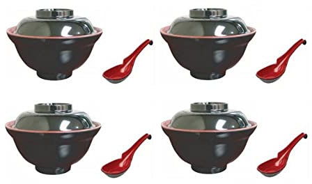 JapanBargain 3424, Soup Bowls with Lid and Spoon Set for Miso Soup Rice Poke Donburi Noodle Pasta Cereal Black and Red Color Japanese Style with Hook Spoon, 21 oz, Pack of 4