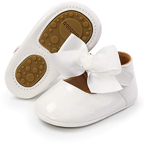 LAFEGEN Baby Girls Mary Jane Flats with Bownot Non Slip Soft Sole PU Leather Newborn Infant Toddler First Walker Cirb Dress Shoes, 0-6 Months Infant, 10 Ivory