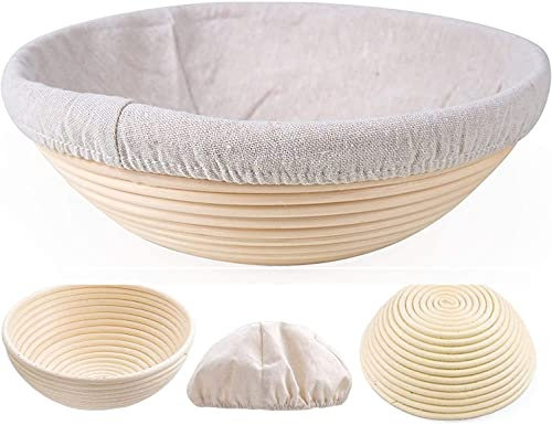 Gärkorb Gärkörbchen Rund, 25*8 cm, Ø 25cm Brot Teig Korb Form Gärkörbe Korb aus Natürlichem Peddigrohr für selbstgemachtes Brot für professionelle und häusliche Bäcker, Brotbacken, Bäckermesser