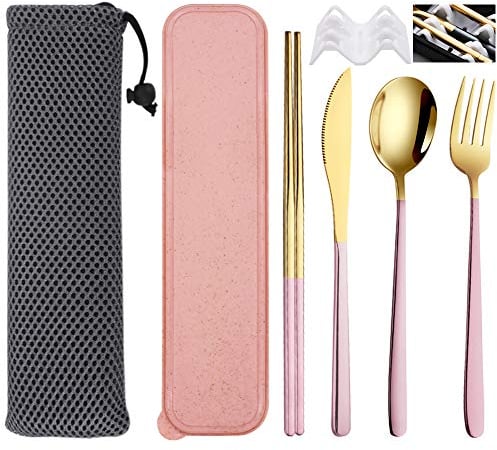 6 Stück Campingbesteck Set aus Edelstahl, STIAKE Outdoor Reise Reisebesteck Set mit Box Tasche für 1 Person, Tragbares Besteck essstäbchen mit Messer Gabel Löffel für Büro, Schule (Color-B)