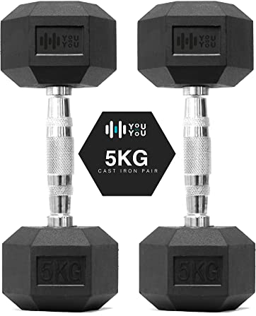 You vs You Hex Dumbbells Weights Pair for Home Exercise | 5kg Set of 2 Hexagonal Weight Rubber Encased for Home Fitness Gym Workouts Training Muscle Building & Conditioning | Unisex | Strength Fitness