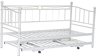 Panana Metal Day Bed Trundle White Steel Frame Single Bed Kids (White, Style 3 Daybed+Trundle)