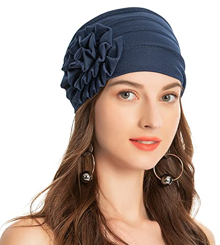 ZLYC Damen Beanie Mütze mit Blumen Elastischer Chemo Hut(Blumen Marine)