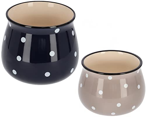 KOTARBAU® Keramik Blumentopf Übertopf Dunkelblau ⌀ 125 mm Beige ⌀ 110 mm in Weiße Punkte Erbsen