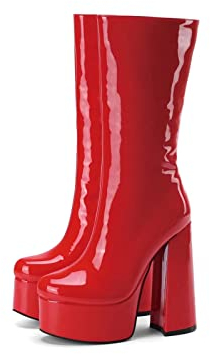 Frankie Hsu Stivaletti da donna in pelle verniciata di grandi dimensioni, con plateau, tacco a metà polpaccio, colore rosso, Rosso, 44.5 EU