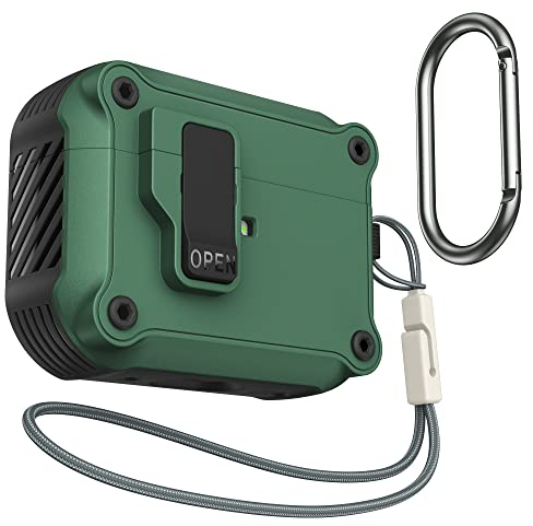 SURPHY Armor Hülle Kompatibel mit AirPods Pro 2 Hülle (2022) mit Öffnen-Schaltfläche & Karabiner Schnur, Hülle AirPods Pro 2 Case Schutzhülle 360 Grad Voller Schutz [Front LED Sichtbar], Schloss Grün