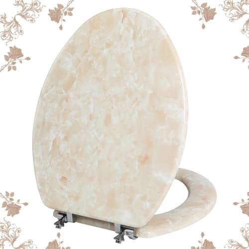 Angol Shiold Elongated Toilet Seat Natural Wood Toilet Seat with Zinc Alloy Hinges, Easy to Install also Easy to Clean, Anti-pinch Marble Toilet Seat by (Elongated, Beige Pink)