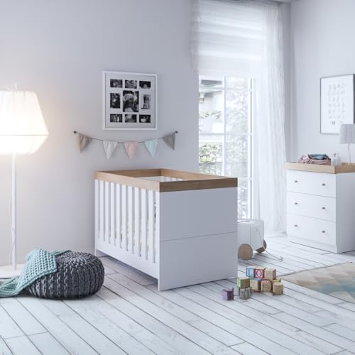 Little Acorns Burlington 2 Piece Nursery Furniture Set | Cot Bed and 3 Drawer Nursery Dresser Chest with Removable Baby Changing Table -White & Oak
