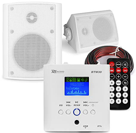 Power Dynamics BTW30 Bluetooth Garden Speaker System with Amplifier and 2x BGO40 4 White External Garden Speakers, Weatherproof Audio Kit for Outdoor Entertainment