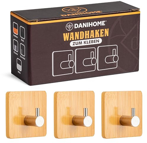 DANIHOME® Handtuchhalter Bambus ohne Bohren - Naturbelassene Klebehaken für Küche & Bad, Wandhaken Selbstklebend, Handtuchhaken Bambus für Ökologisches Wohnen, Kleben Statt Bohren Extra Stark