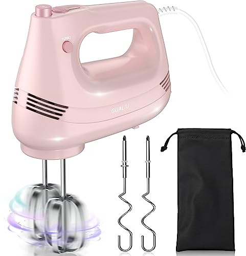 GUALIU Electric Hand Mixer, 304*(2* Beaters, 2* Dough Hooks), (1* Storage Bag) Handheld Mixer for Baking Cakes, Eggs, Cream Food Mixers, Turbo Boost /5 Speed Kitchen Blender PINK