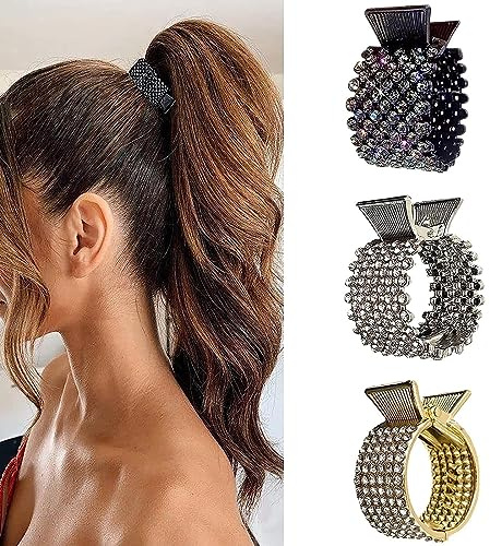 Women Small Hair Clips Barrettes Grips, 3 PC Hair Claw for High Ponytail Diamante Sparkly Hair Accessories Crystal Hairpins, Wedding Guest Everyday Wear Prom Party Ponytail Holder Women Girls Gift